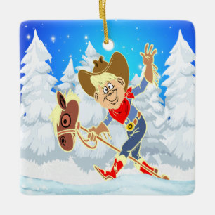 Ornement En Céramique Western Cowboy Kid On Stick Horse Scène D'Hiver