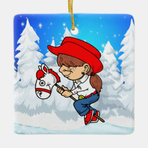 Ornement En Céramique Western Cowgirl Kid On Stick Horse Scène D'Hiver S