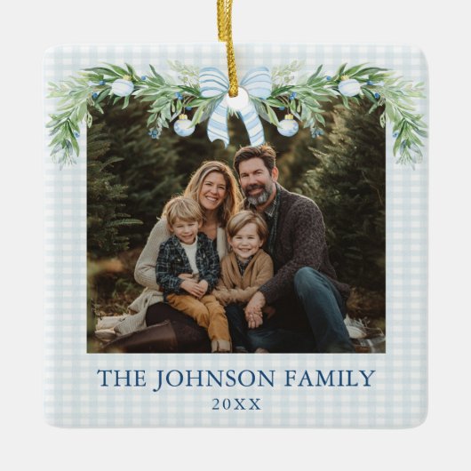 Ornement En Céramique Whimsical Grandmillenial Blue Bow Family Photo (Devant)