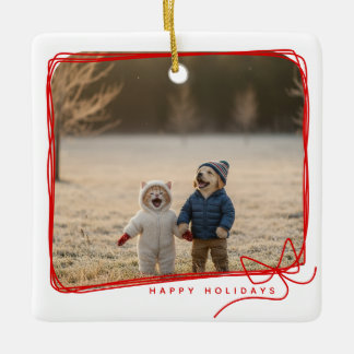 Ornement En Céramique Whimsical Red Ribbon Frame Holiday Photo