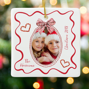 Ornement En Céramique Whimsical Red Wavy Frame Bow Photo Noël