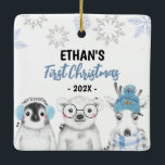 Ornement En Céramique Winter Wonderland Boy Premier Noël<br><div class="desc">Animaux d'hiver Un ornement photo pour célébrer le premier Noël de votre bébé! Facile à modifier et à personnaliser avec votre photo personnalisée sur le côté arrière.</div>