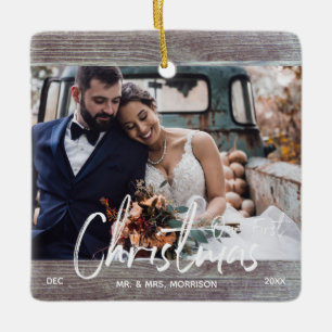 Ornement En Céramique Wood Rustic Notre première photo de Mariage de Noë