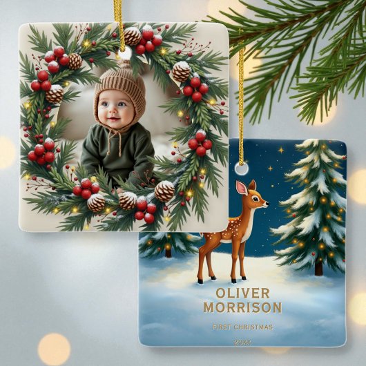 Ornement En Céramique Woodland 1st First Christmas Baby Photo