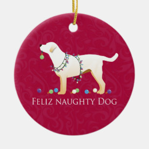 Ornement En Céramique Yellow Lab Christmas Feliz Naughty Chien
