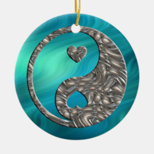 Ornement En Céramique Yin & Yang / Hearts SILVER vagues bleues