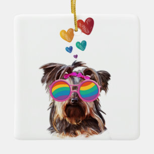 Ornement En Céramique Yorkie Chien avec Coeurs Saint-Valentin