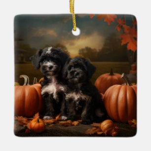 Ornement En Céramique Yorkipoo Chiot Automne Citrouille délice