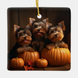 Ornement En Céramique Yorkshire Terrier Chiot Automne Citrouille délice