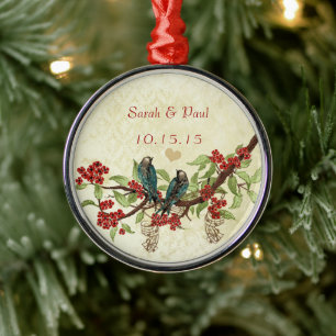 Ornement En Métal 1ère Fleur de Noël Rouge Oiseaux d'Amour Vintage