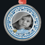 Ornement En Métal 1ère Hanoukka Dreidels de Baby mignonne Nom de la<br><div class="desc">Design photo doux avec les mots "1er Hanoukka de bébé" dans la ronde entrecoupée de jouets dreidel. Le nom et l'année du bébé pour vous de personnaliser est flanqué de chaque côté avec une Menorah et l'étoile de David (images d'objets amovibles). Commémorez cette occasion mémorable avec un souvenir que vous...</div>