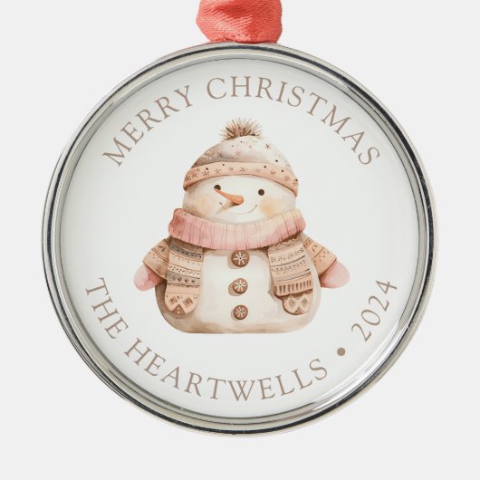 Ornement En Métal 2024 Personnalisé Snowman rose Joyeux Noël (Devant)