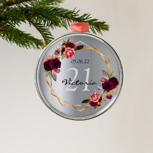 Ornement En Métal 21e anniversaire flores d'argent géométrique borde