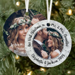 Ornement En Métal 2 Photo Mr & Mrs 1st Christmas Elegant Faux Marble<br><div class="desc">Célébrez un 1er jour férié joyeux en couple marié avec une photo personnalisée 2 "Notre premier Noël en tant que Monsieur. & Mme" ornement en faux marbre de métal rond. Tous les textes et images de ce modèle sont simples à personnaliser. (AVIS DE CONCEPTION D'IMAGE ET DE TEXTE : 1)...</div>