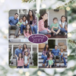 Ornement En Métal 8 Photo Collage Nom de famille et année Purple & B<br><div class="desc">Célébrez les joies simples des vacances avec un collage photo personnalisé 8 ornement en métal violet et blanc carré. Le texte sur ce modèle est simple à personnaliser et les images peuvent être différentes ou identiques à l'avant et à l'arrière (CONSEIL EN MATIÈRE DE PLACEMENT DE L'IMAGE : Une façon...</div>