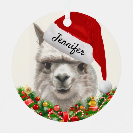 Ornement En Métal Alpaca Sourires AJOUTER NOM ET ANNÉE Noël Llama (Recto)