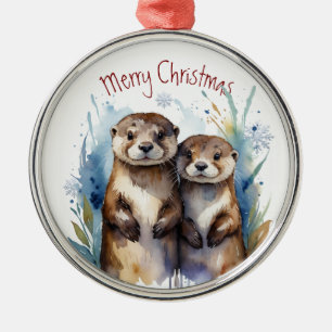 Ornement En Métal Aquarelle Otter Couple Art animal d'hiver