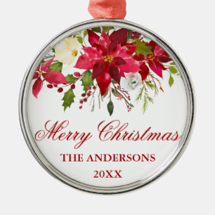 Ornement En Métal Aquarelle Rouge Poinsettia Floral Personnalisé