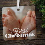Ornement En Métal Baby First Christmas Élégant Photo personnalisée m<br><div class="desc">Design est composé de typographie chic moderne avec sans serif et serif police. Ajoutez une photo personnalisée du bébé et de l'année.</div>