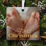 Ornement En Métal Baby First Christmas Élégant Photo personnalisée m<br><div class="desc">Design est composé de typographie chic moderne avec sans serif et serif police. Ajoutez une photo personnalisée du bébé et de l'année.</div>