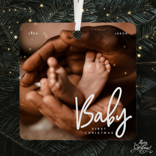 Ornement En Métal Baby First Christmas Moderne Élégant Photo Chic