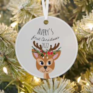 Ornement En Métal Baby Girls First Christmas Festive Reindeer & Name