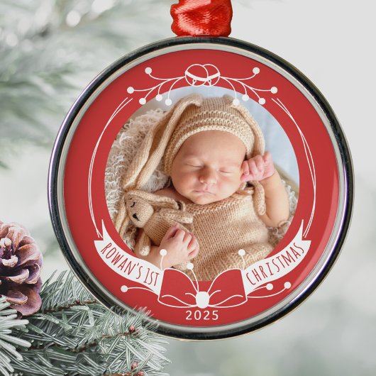 Ornement En Métal Baby's First Christmas Custom Name Year Photo