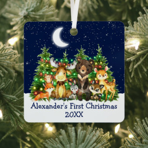 Ornement En Métal Bébé Première forêt de Noël Animaux Lumières Bleu