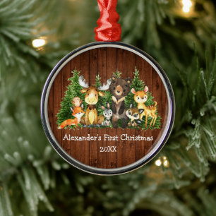 Ornement En Métal Bébé Première forêt de Noël Animaux Rond rust