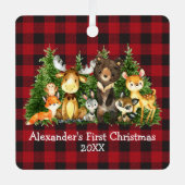 Ornement En Métal Bébé Première Forêt de Noël Animaux Rouge Plaid (Recto)