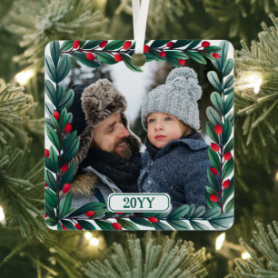 Ornement En Métal Belle couronne de Noël Carré Ajouter photo & année