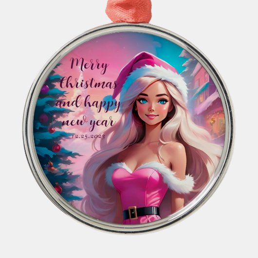 Ornement En Métal Belle fille de Noël rose 01 (Devant)