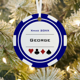 Ornement En Métal Bleu et blanc Las Vegas Poker Chip Noël
