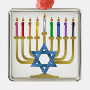 Ornement En Métal Bougies arc-en-ciel de Hanukkah Menorah en or