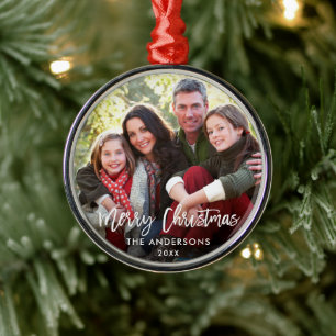 Ornement En Métal Bracelet Script Joyeux Noël Famille Photo RW