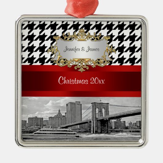 Ornement En Métal Brooklyn Bridge Blk Wht Houndstooth Noël (Devant)