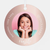 Ornement En Métal Brousse en or rose photo personnalisée Quinceanera (Verso)