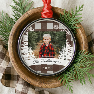 Ornement En Métal Brown Buffalo Plaid Rustic Pine Trees Photo de fam