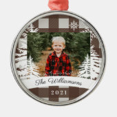 Ornement En Métal Brown Buffalo Plaid Rustic Pine Trees Photo de fam (Devant)
