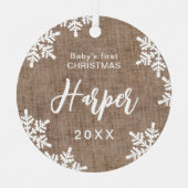 Ornement En Métal Burlap Snowflakes premier script de Noël pour bébé (Recto)