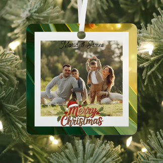 Ornement En Métal Cadre photo vert et or de Noël classique