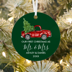 Ornement En Métal Calligraphie M. Mme Christmas Red Truck Green