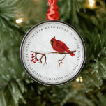 Ornement En Métal Cardinals Appear Remembrance<br><div class="desc">Honor your loved one with this cardinal on a snow covered branch memorial tribute. The message reads "Cardinals Appear When Loved Ones Are Near" and you can personalize this item with a name and dates. This is a beautiful keepsake that can be given to family and friends at the funeral...</div>