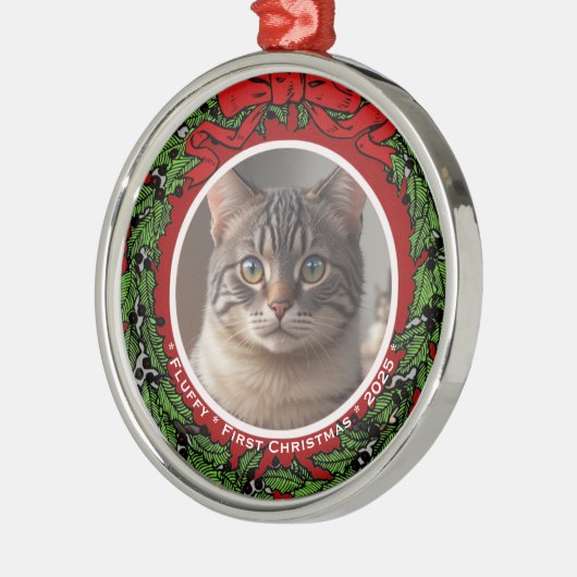 Ornement En Métal Cat Custom photo First Christmas wreath (Gauche)