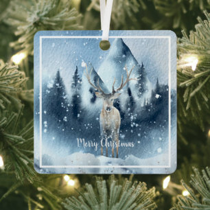 Ornement En Métal Cerf aquarelle et Noël personnalisé sur neige 
