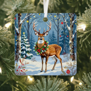 Ornement En Métal Cerf de Noël en forêt d'hiver festive