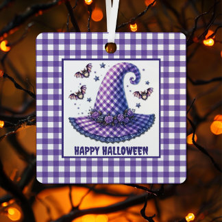 Ornement En Métal Chapeau de sorcière Halloween en gingham violet et