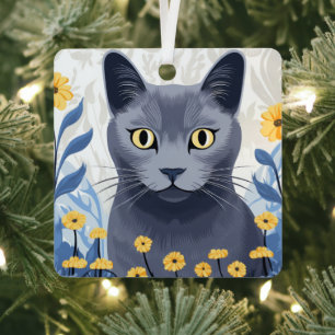 Ornement En Métal Chat Bleu Russe Fleurs Jaunes