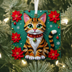 Ornement En Métal Chat de Noël et poinsettias Noël festif