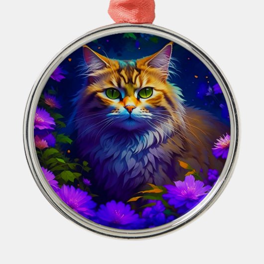 Ornement En Métal Chat orange mignon assis en fleurs violettes (Devant)